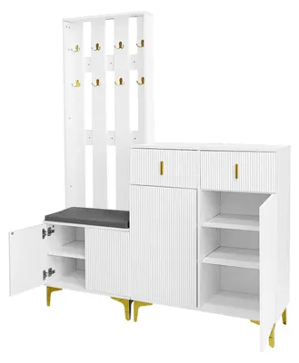 Produktbild von Garderoben-Set - Kleiderschrank mit Schuhbank und Sitzkissen - 8 Schubladen - 3 Türen - Haken - Spanplatte - Weiß