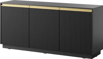 Productafbeelding van Kommode 150 cm Baron - Dressoir met 3 deuren, salontafel, met geribbelde fronten, gouden accenten - zwart