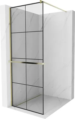 Produktbild von Mexen Kioto+ Duschwand mit Ablage und Reling 90 x 200 cm, Transparent/Schwarzes Design 8 mm, Gold - 800-090-121-50-77