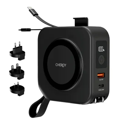 Productafbeelding van CHEROY ChargePack Multi - 5 in 1 Travel Power Bank - 10.000mAh Draadloze Oplader - Wereldstekker - Reisstekker - Snellader - Geschikt voor MagSafe