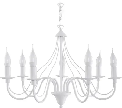 A white chandelier with seven candle-shaped bulbs, suspended from a chain against a white background.