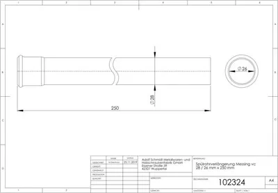 Produktbild von ASW Spülrohrverlängerung 102324 28/26 x 250 mm, DN 20, 3/4", Messing verchromt, mit O-Ring