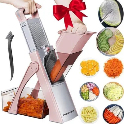 Productafbeelding van groentesnijder, frietsnijder, uienhakker, groenteschaaf, multifunctioneel, 0,1 - 8 mm mandoline snijder tomaten aardappel frietsnijder (alles in 1 grijs roze)