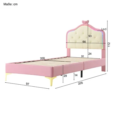 A single bed with a pink upholstered frame and a cream tufted headboard, shown from a side-diagonal angle with dimensions indicated by lines and numbers.