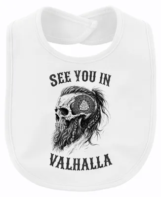 Obrázok produktu pre Vidíme sa v Valhalle. Viking, lebka, fúzy, bojovník, Odin, valknut. Bábätkovo zástera, biela, univerzálna veľkosť