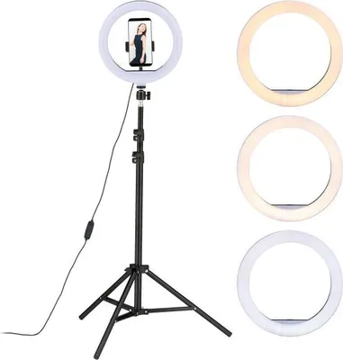 Produktbild von Ringlicht LED 26 cm mit Stativ (50-160 cm), dimmbar, Farbtemperatur 3200-5600K, Smartphone-Halterung