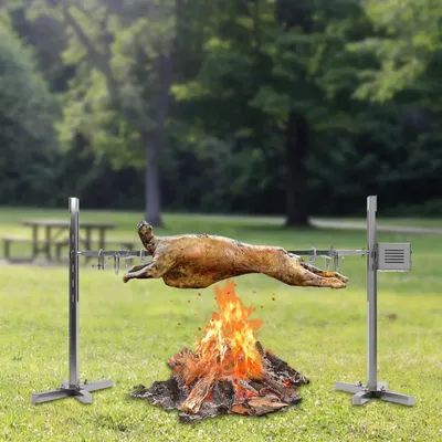 Zdjęcie produktu dla Grill do prosiąt - Rożen - Stal nierdzewna - Regulowana wysokość - Silnik 2,5 obr/min - Napięcie 220 V/50 Hz - Maks. 40 kg - Srebrny