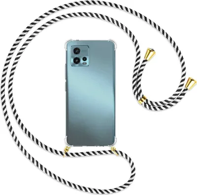 Produktbild von Handykette Backcover-Schutzhülle mit Band (Metall goldfarben) für Motorola Moto G72 (6.55'') - schwarz/weiß gestreift