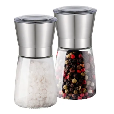 Produktbild von Handmühle für Salz & Pfeffer aus Glas – 2er Set – einstellbares Keramikmahlwerk – 160 ml