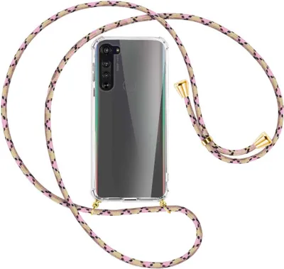 Produktbild von Handykette Backcover-Schutzhülle mit Band (Metall goldfarben) für Motorola Edge - rosa Karo