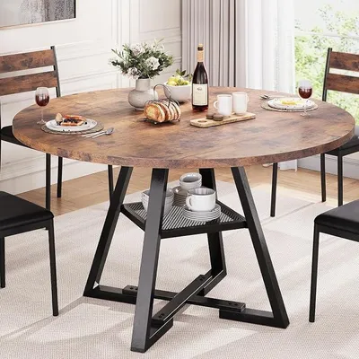 Productafbeelding van Eettafel van massief hout voor 4 personen, eettafel met opbergruimte, ruimtebesparende houten keukentafel in industriële stijl (vintage bruin, 120x120x76 cm)
