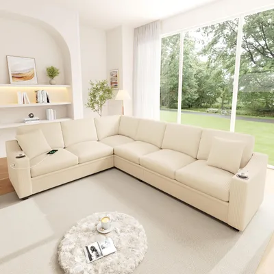 Produktbild von STILVORA Ecksofa mit 6 Sitzen und Moduldesign, Modulares Sofa mit USB/Type-C-Schnellladeanschluss und Getränkehaltern, Wohnzimmersofa mit 2 Kissen