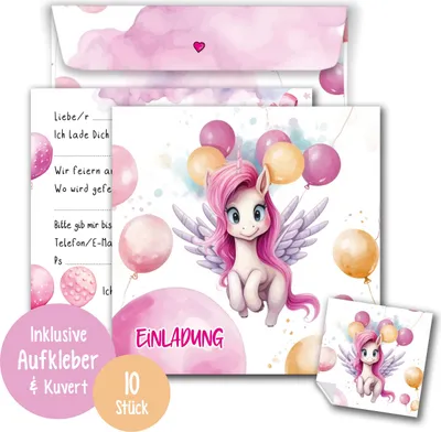 Einladungskarten Einhorn inkl. Sticker 10er Set