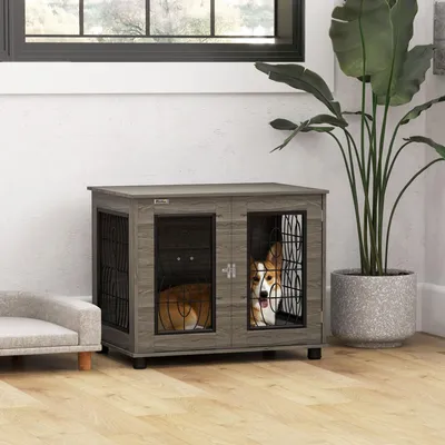 Produktbild von Hundebox mit Liegekissen, Metall Hundekäfig mit Ablage, Spanplatte & Stahlgitter, Grau | 80 x 56 x 63 cm | bis 20 kg | abschließbar