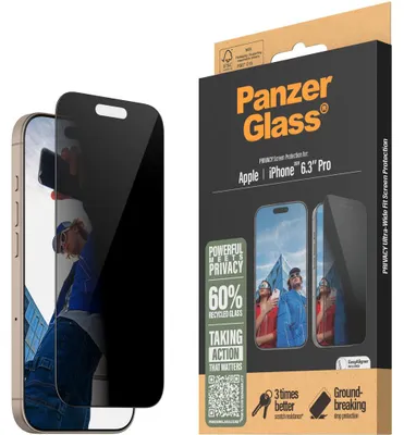 Produktbild von PanzerGlass ® 2-Way Privacy Displayschutz iPhone 16 Pro | Ultra-Wide Fit m. EasyAligner, Apple, Apple - iPhone 16 Pro, Trockene Anwendung, Kratzresistent, Schockresistent, Transparent, 1 Stück(e)