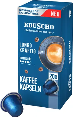 A box of Eduscho coffee capsules with one capsule shown in the foreground.