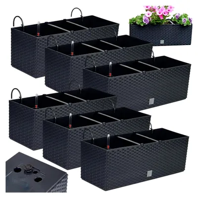 Produktbild von Blumenkasten Balkon Set 6 X 51x19x18,5 cm | Balkonkasten in Rattanoptik | Pflanzkasten mit Griff, Halterungen und Bewässerungssystem | Blumentöpfe für Terrasse | Pflanzkübel in edlem Design |Anthrazit
