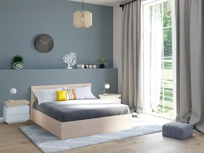 A bedroom scene with a bed, nightstands, and a window.