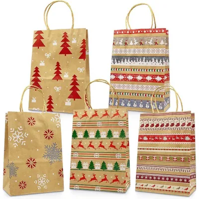 Produktbild von Weihnachtsdekoration, 24 Weihnachtsgeschenktüten, Papiertüten mit Henkeln, Geschenktüten mit Weihnachtsmotiv, Partyzubehör