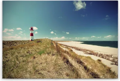 Produktbild von Leinwandbild Maritim 60 x 90 cm - Wandbild Strand und Meer Blau Grün - Keilrahmen Leuchtturm Wohnzimmerdeko Wanddeko Wandgemälde