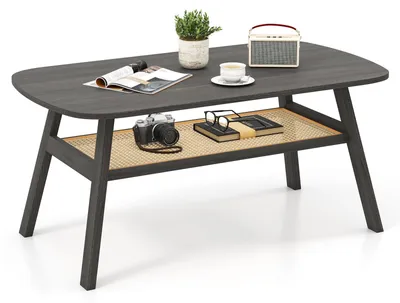 Salontafel 2 Ebenen, 100x55x44,5 cm, mit Rotanplank, rustikales Design