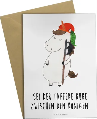 Produktbild von Mr. & Mrs. Panda Grußkarte Einhorn Junge - Weiß - Geschenk, einladungskarten, osterkarte, osterkarten, Bube, Mittelalter, hochzeitskarten, Einhörner, Unicorn, babykarte