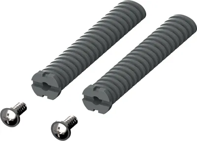 Two gray ribbed cylindrical mounting rods and two silver screws are arranged on a white background.
