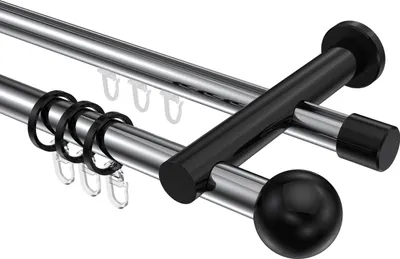 Produktbild von Interdeco Rundrohr-Innenlaufstange / Gardinenstange (Kombination) Chrom / Schwarz, Typ Platon Luino (Kugel), 20 mm Ø 2-läufig, 420 cm