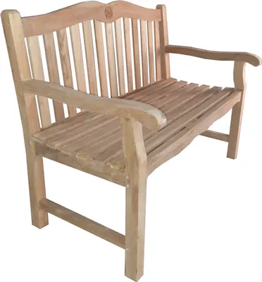 A wooden garden bench shown from a three-quarter angle against a white background.