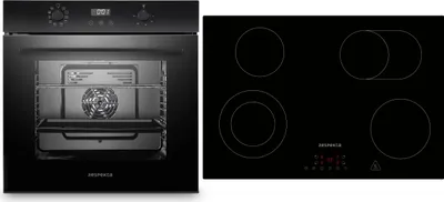 A black built-in oven and a black induction hob are shown side-by-side against a white background.