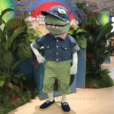 Produktbild von Grüner REDBROKOLY Hai Maskottchen kostüm gekleidet in Jeansshorts und Broschen