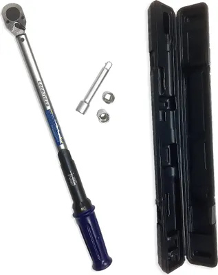 A torque wrench and its accessories are laid out on a white background.