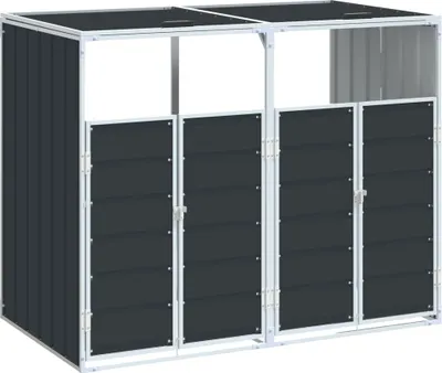 A product shot of a dark gray metal trash can enclosure with a white frame, shown outdoors against a white background.