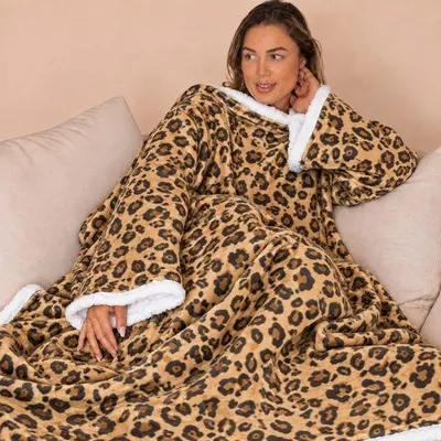 Image de Couverture-sweat Unyqoos® avec manches – en polaire et sherpa, 100 % polyester, motif léopard, unisex, pour regarder la télévision, dimensions 180 x 130 cm, pour adultes