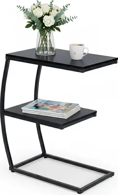 Image de Table d'appoint Relaxdays, en forme de C, 2 tablettes, L x l x H : 58,5 x 47,5 x 25 cm, table d'appoint pour canapé et lit, métal et MDF, noir