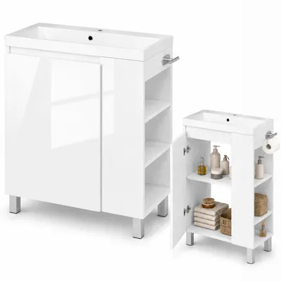 Produktbild von Badezimmerschrank 57 cm mit Waschbecken, stehend/hängend, Weiß Hochglanz / Soft-Close, Türanschlag links/rechts, 3 Seitenablagen, Handtuchhalter