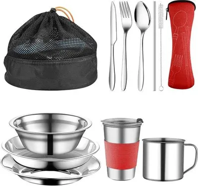 Immagine prodotto di Set di posate da campeggio per 1-2 persone, forchetta da campeggio rossa, set da campeggio con piatto, ciotola, tazza, forchetta, cucchiaio e custodia per posate