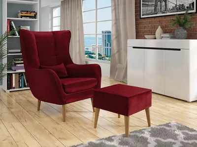 Obrázek produktu pro Designové křeslo ušák s taburetkou LEVI - červené