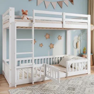 A white wooden bunk bed with a ladder and safety rails, decorated with star-shaped lights and a fox stuffed animal.