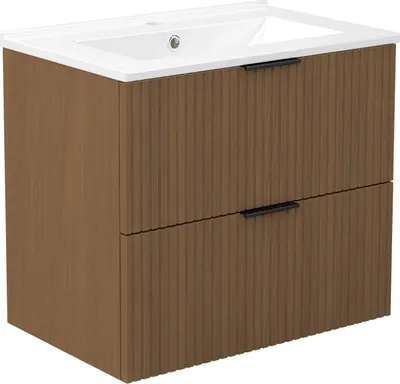 Image de Acezanble Ensemble Meuble salle de Bain Noyer Suspendu avec Vasque Céramique, 60cm