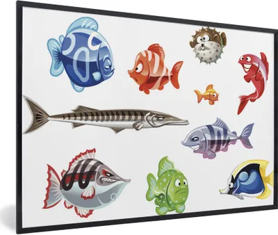 Obrázok produktu pre MuchoWow® Zarámovaný plagát Ilustrácia desiatich animovaných rýb 60x40 Nástenný plagátový rám Fotky