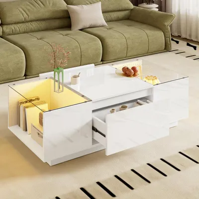 Image de Table basse - Table de salon - Table d'appoint - Table de rangement - Plateau en verre moderne