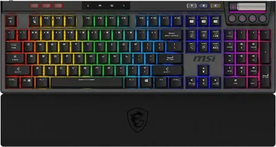 A top-down view of a gaming keyboard with a wrist rest.