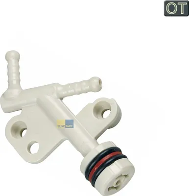A close-up studio shot of a white plastic valve with black and red O-rings.