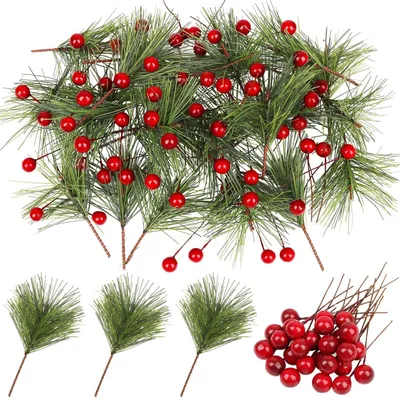 Imagen del producto de Juego de ramas de pino artificial, 24 ramas de 9,5 x 5,5 cm, 72 bayas rojas, para decoración navideña