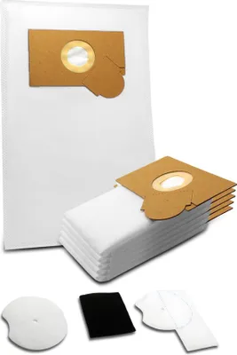 A collection of vacuum cleaner bags and filters on a white background.