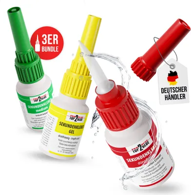 Produktbild von Top2Glue Sekundenkleber extra stark wasserfest 1 x Dünnflüssig 20g 1 x Medium 20g 1 x Gel 20g - Sekundenkleber in Industriequalität für Kunststoff, Metall, Holz, Porzellan