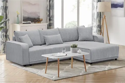 Produktbild von 290 cm Ecksofa PRIMO L-Form Polstersofa mit Schlaffunktion Cordstoff Corner Schlafsofa Eckcouch für Wohnzimmer, Stoff: poso 55 - hellgrau