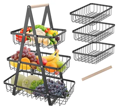 Immagine prodotto di Cestino per frutta in metallo a tre livelli, con manico in legno e cesto removibile