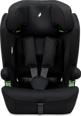 A black child car seat with green accents, shown from the front.